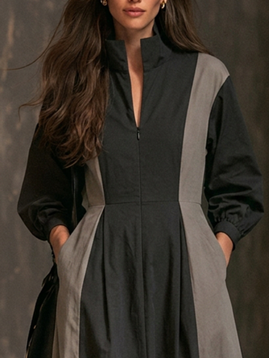 Women's Cotton-Blend Color-Block Stand-Collar Maxi Dress MDZ3037G1ZRK