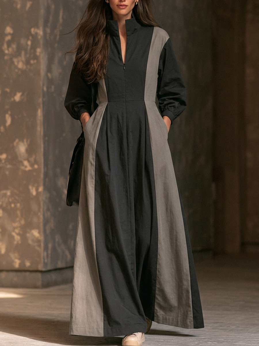 Women's Cotton-Blend Color-Block Stand-Collar Maxi Dress MDZ3037G1ZRK