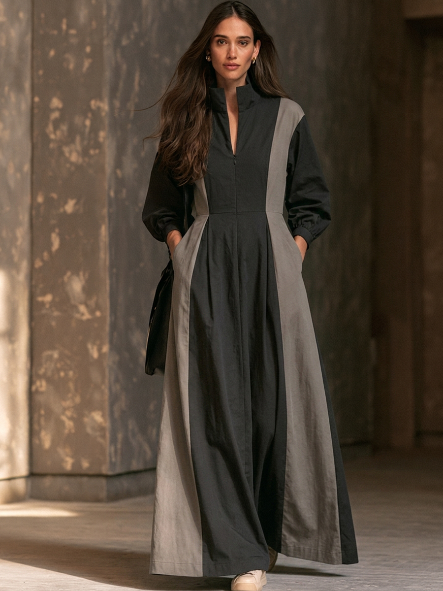 Women's Cotton-Blend Color-Block Stand-Collar Maxi Dress MDZ3037G1ZRK