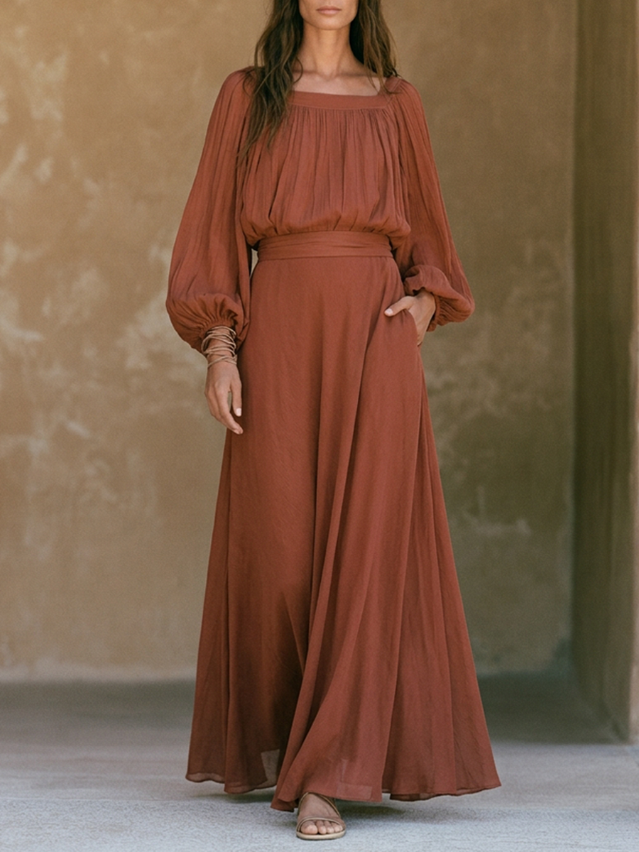 Women's Cotton-Blend Square-Neck Lantern-Sleeve Maxi Dress MDZ3041G3ZRK