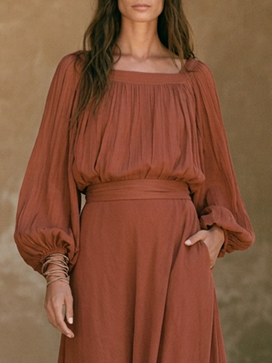 Women's Cotton-Blend Square-Neck Lantern-Sleeve Maxi Dress MDZ3041G3ZRK