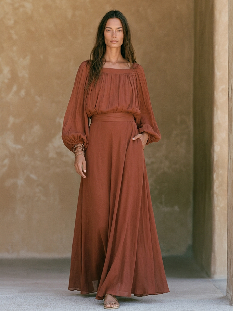 Women's Cotton-Blend Square-Neck Lantern-Sleeve Maxi Dress MDZ3041G3ZRK