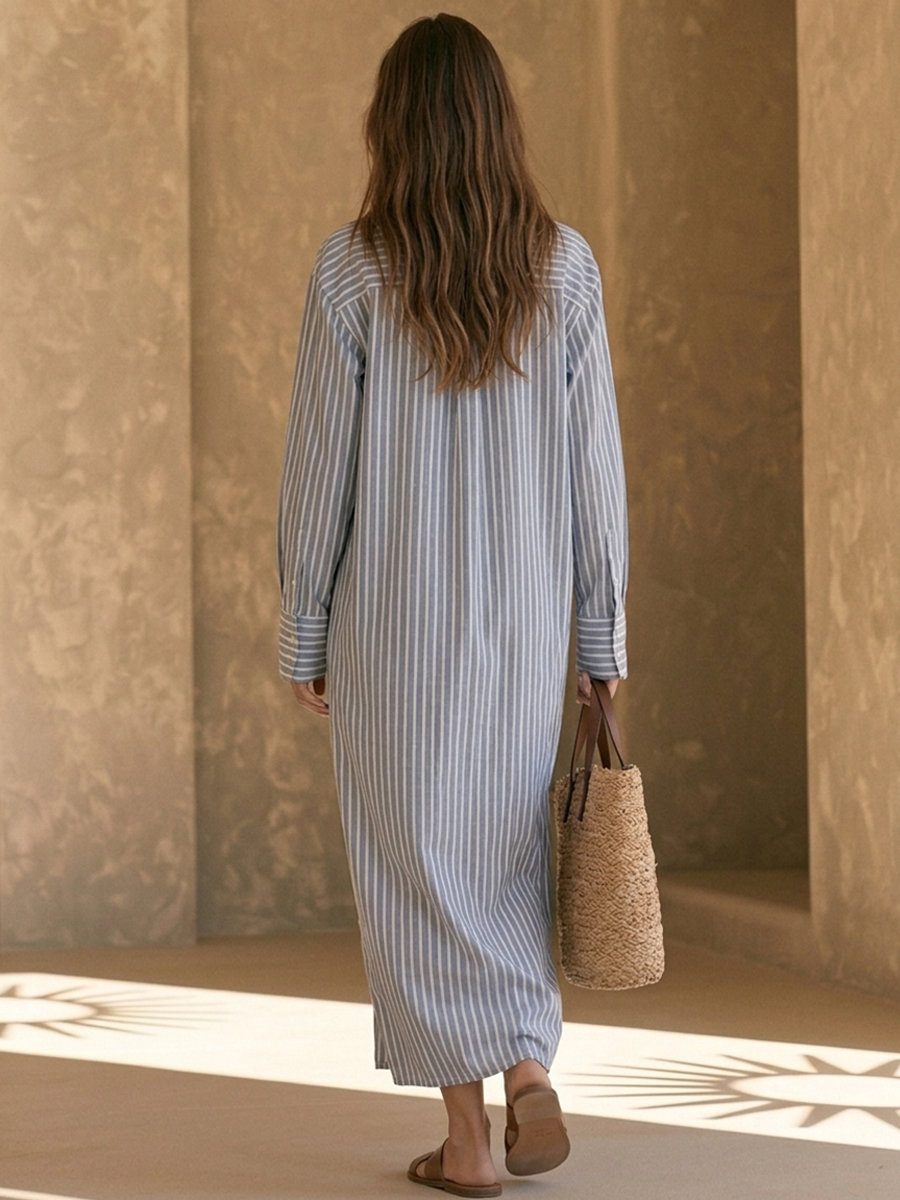 Women's Blue & White Striped Linen-Blend Maxi Shirt Dress MDZ3086G0ZRK