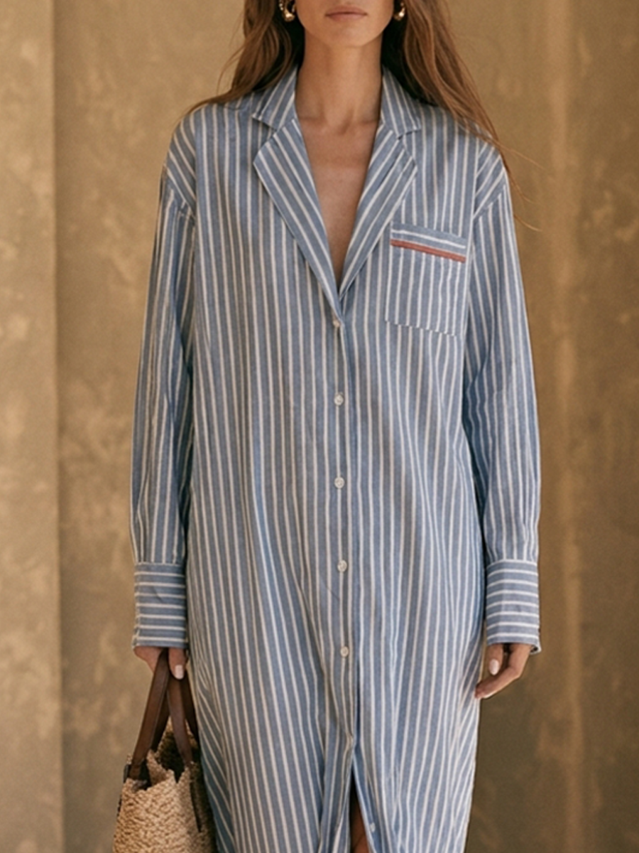 Women's Blue & White Striped Linen-Blend Maxi Shirt Dress MDZ3086G0ZRK
