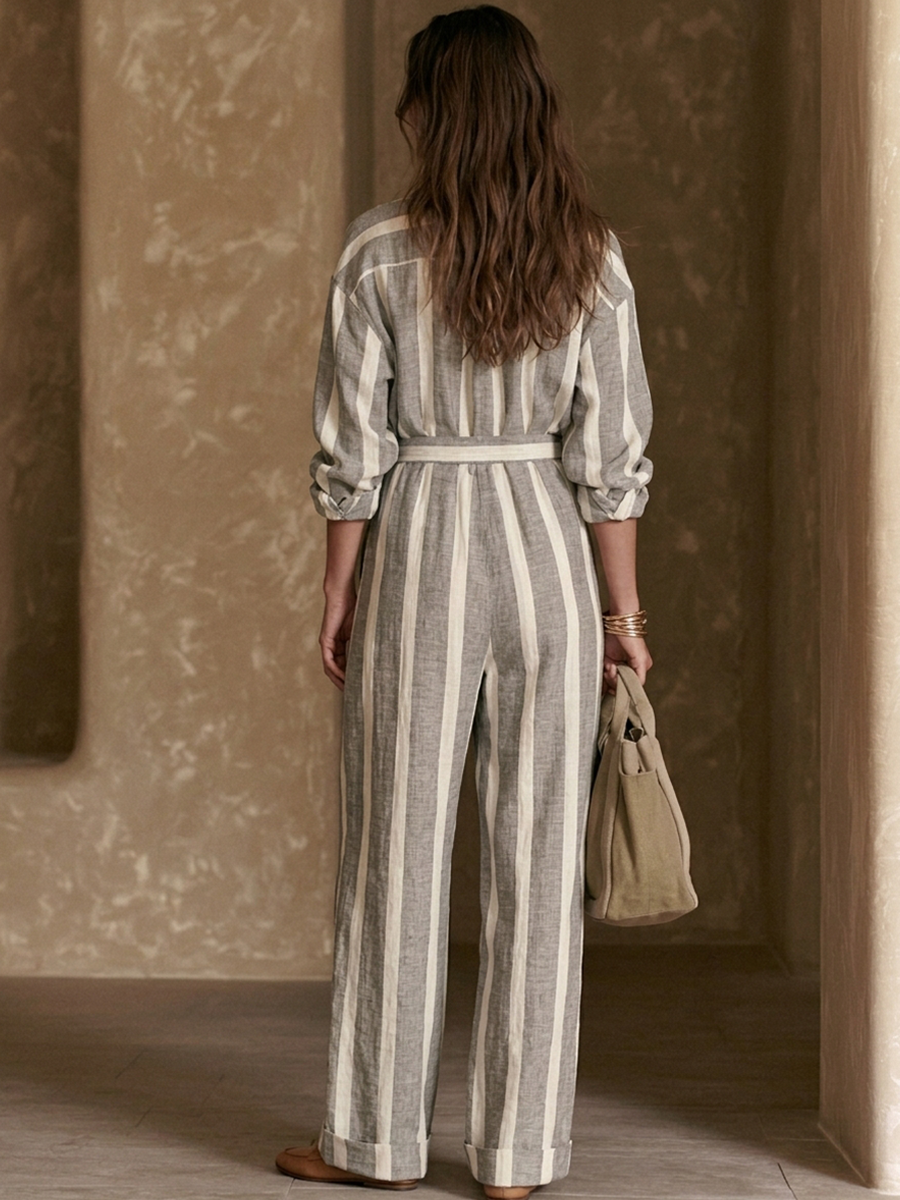 Women's Grey And White Vertical Stripe Linen-Blend Shirt Jumpsuit MDZ3056G0ZRK
