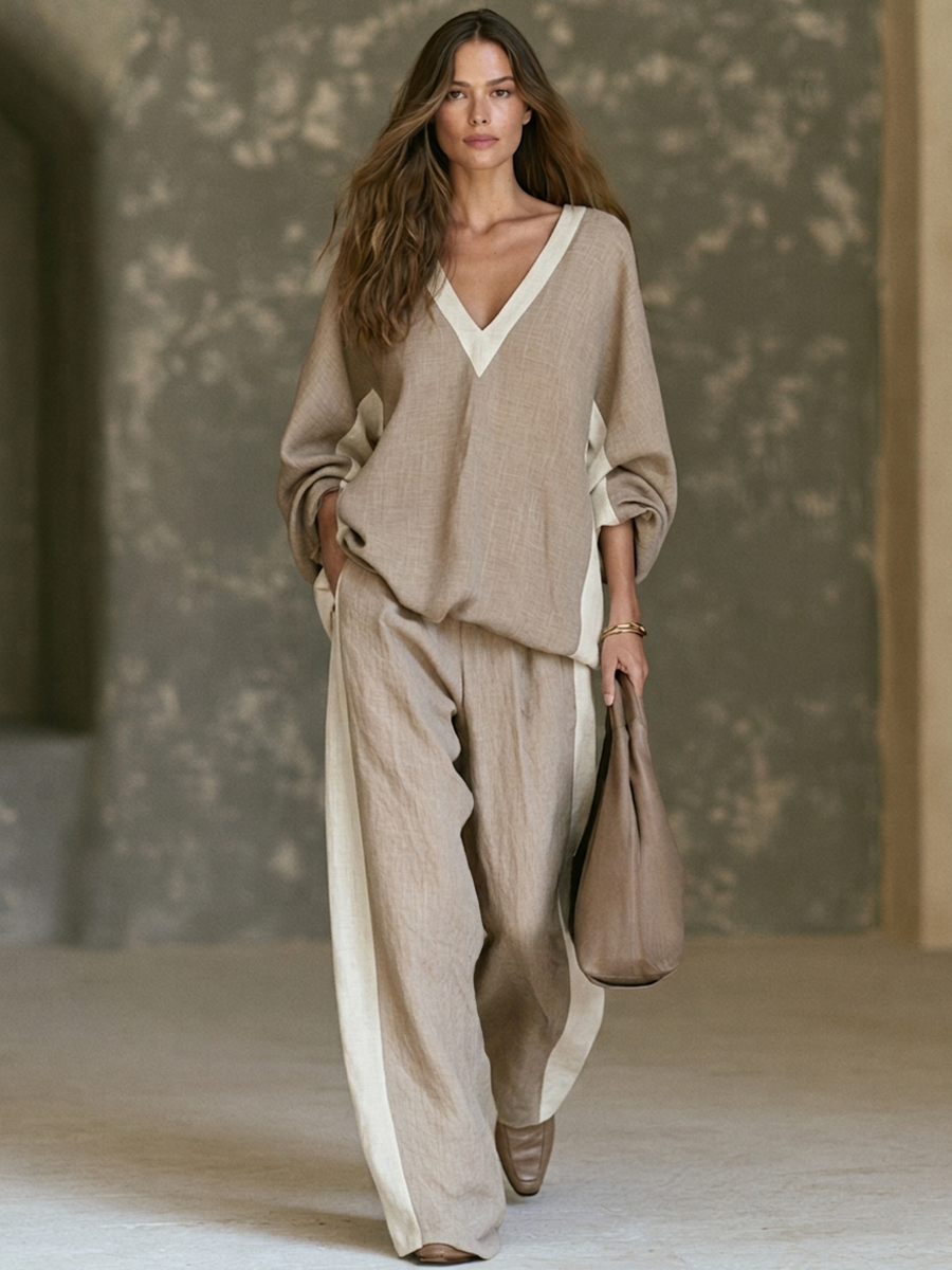 Women's Color-Block Linen-Blend V-Neck Top & Wide-Leg Pants Two-Piece Set MDZ3029G0ZRK