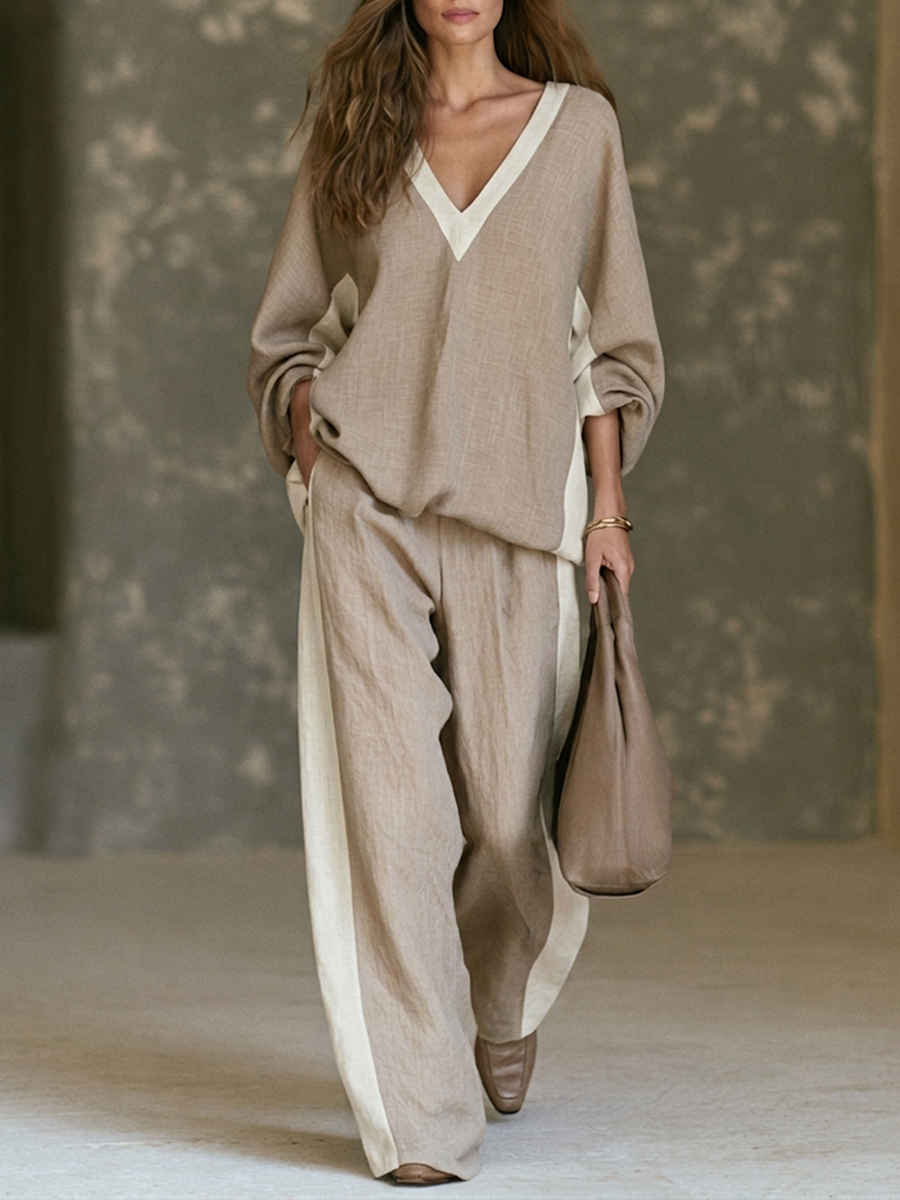 Women's Color-Block Linen-Blend V-Neck Top & Wide-Leg Pants Two-Piece Set MDZ3029G0ZRK