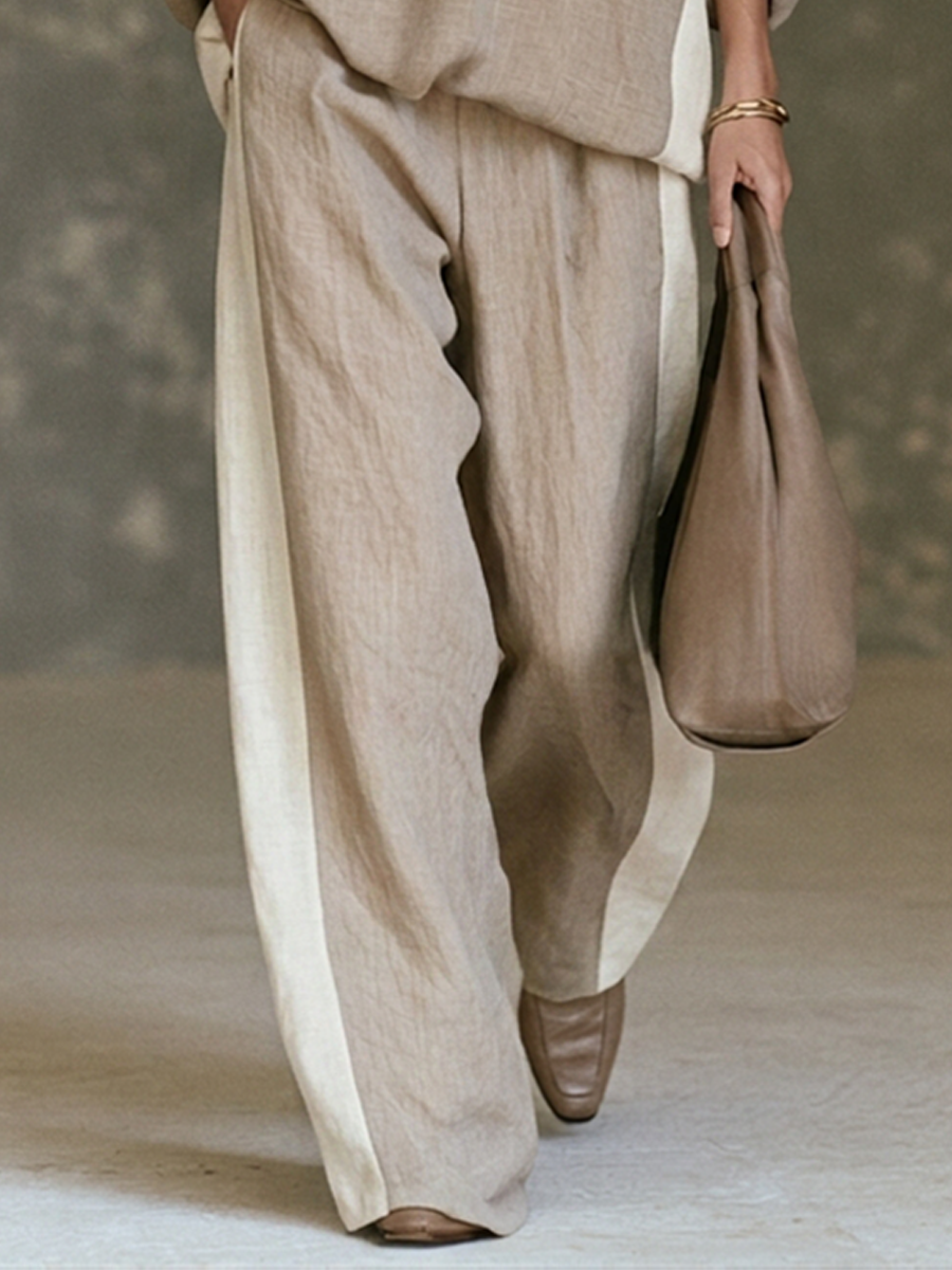 Women's Color-Block Linen-Blend V-Neck Top & Wide-Leg Pants Two-Piece Set MDZ3029G0ZRK