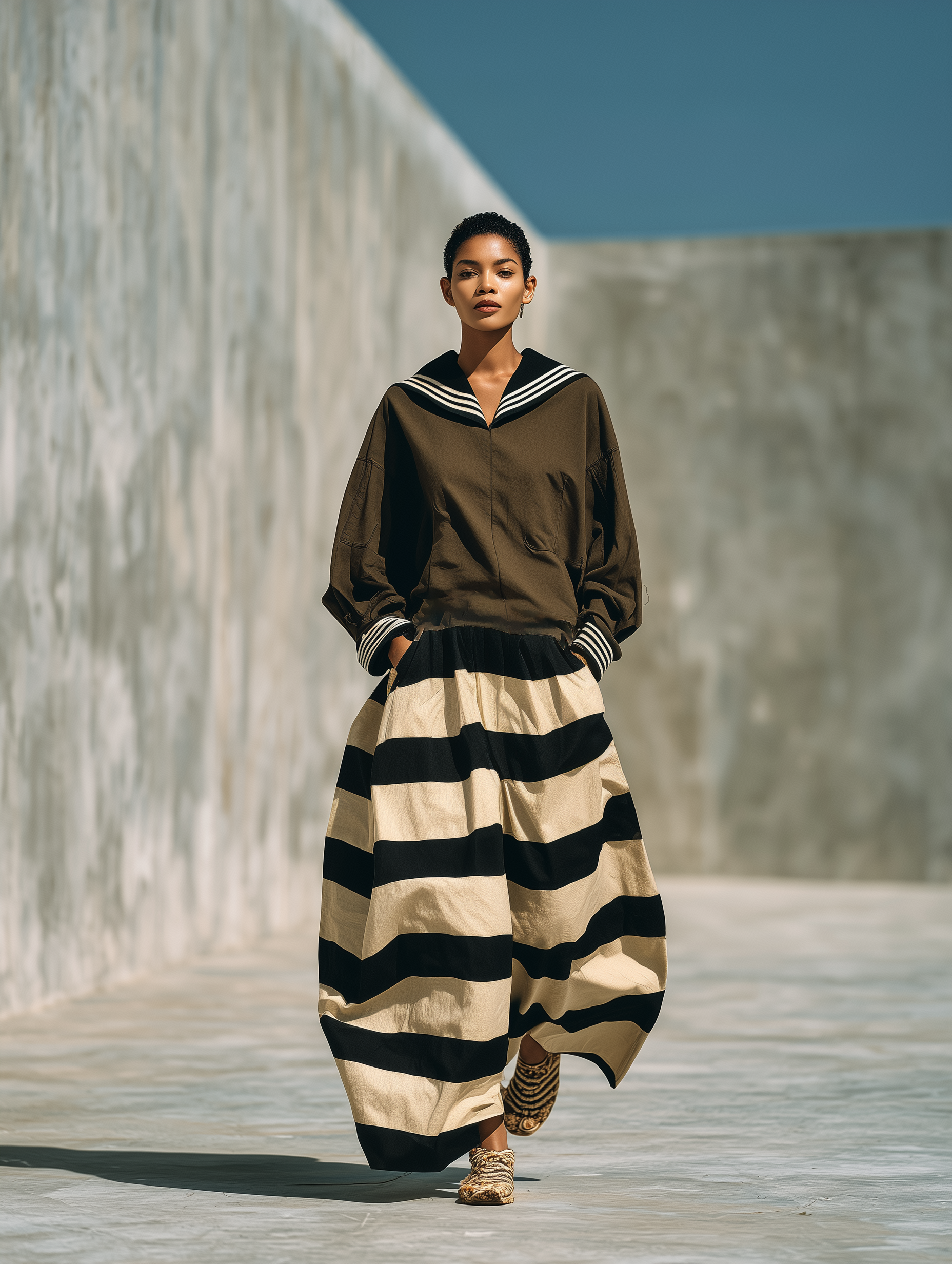 Women'S Retro Nautical Style Olive Sailor Collar Shirt Black‑Beige Stripe Skirt Outfit MDZ3035G1YZJ