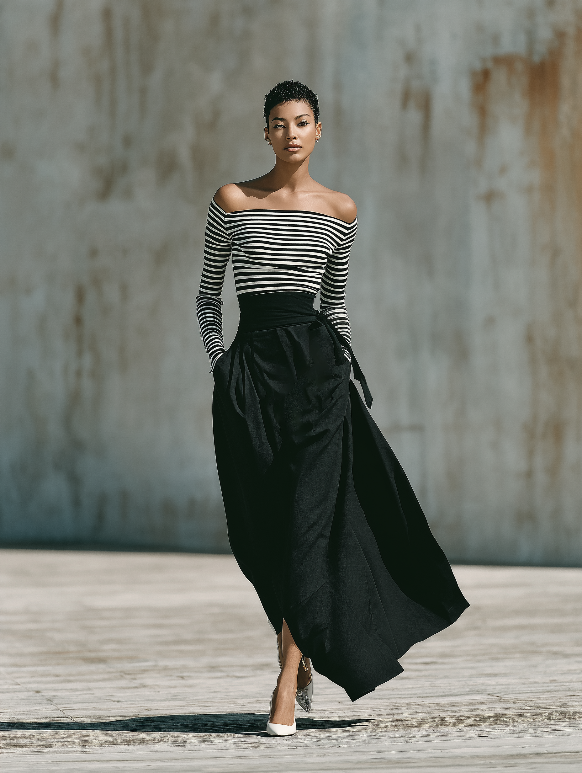 Women'S Chic Striped Off‑Shoulder Long‑Sleeve Top & High‑Waist Sash Tie Flowy Maxi Skirt Two‑Piece Set MDZ3067G6YZJ