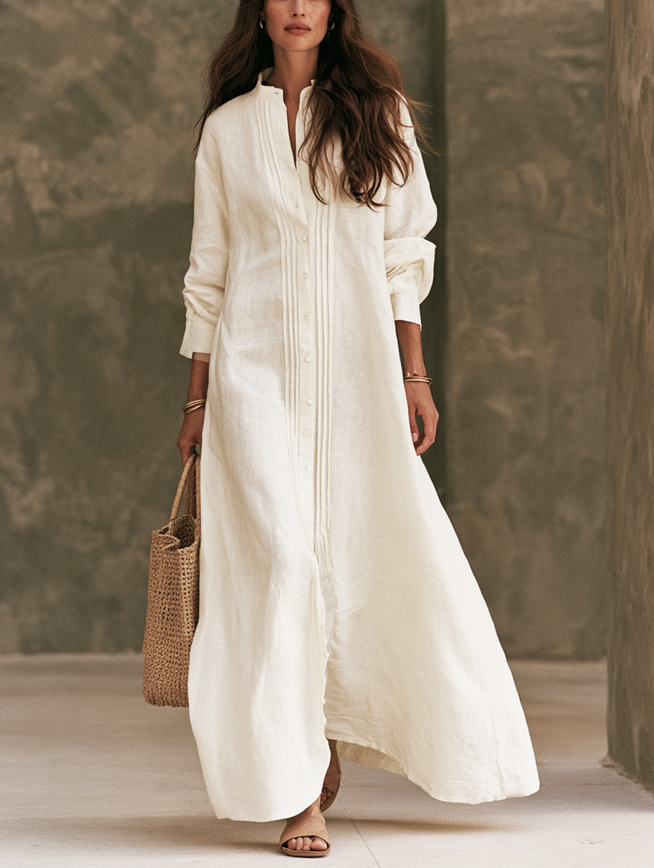 Women's Casual White Cotton-linen Long-sleeved Maxi Dress MDZ3019G6LXY