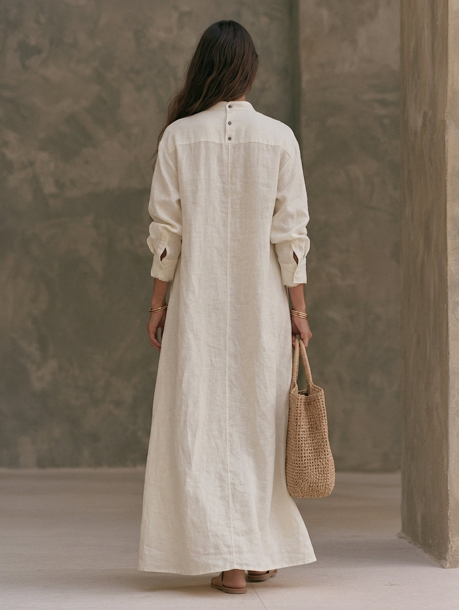 Women's Casual White Cotton-linen Long-sleeved Maxi Dress MDZ3019G6LXY