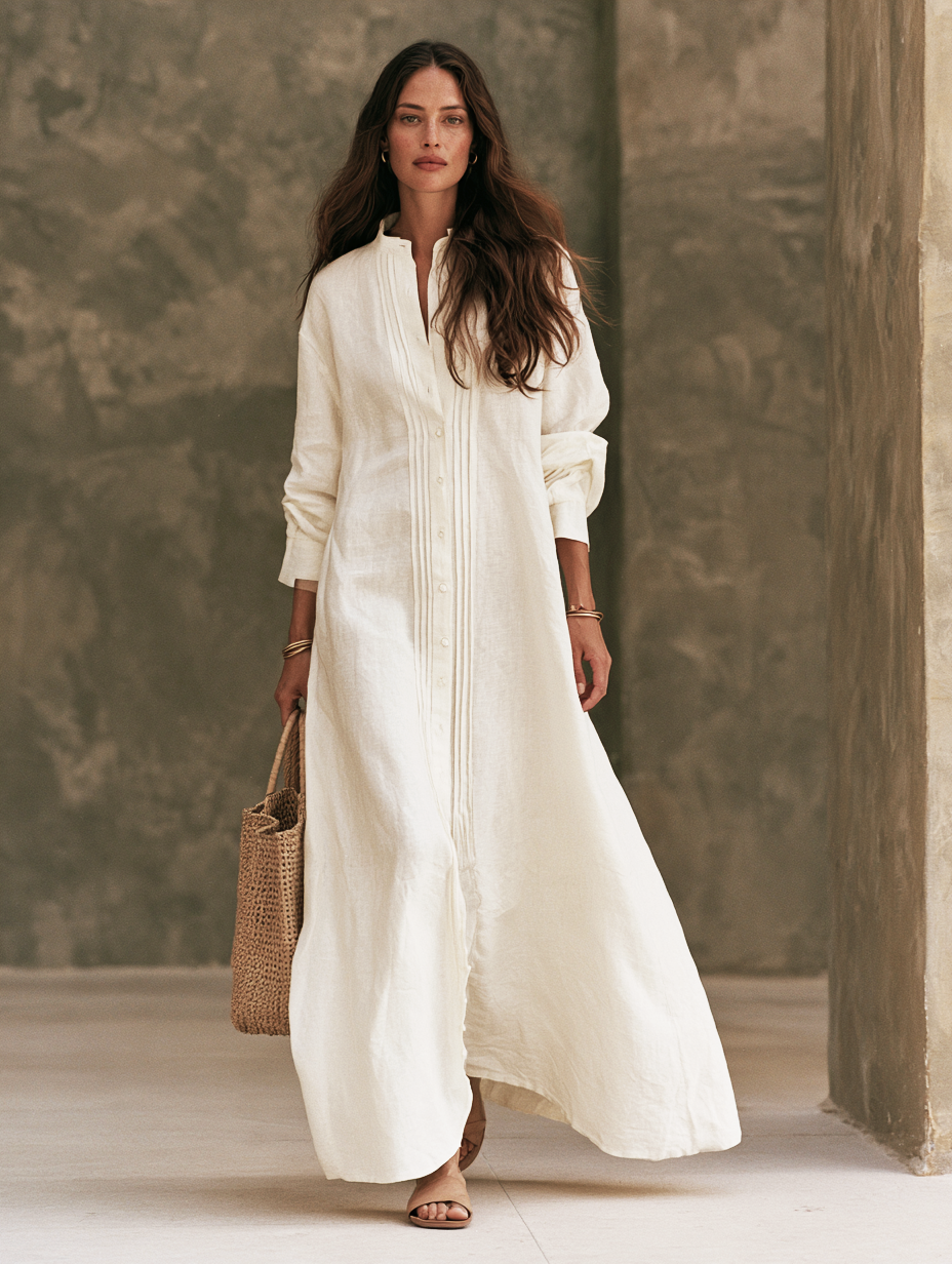 Women's Casual White Cotton-linen Long-sleeved Maxi Dress MDZ3019G6LXY
