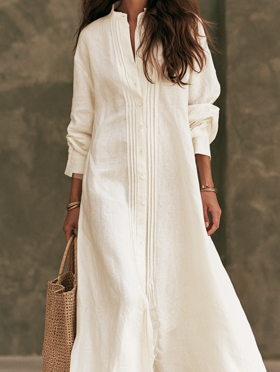Women's Casual White Cotton-linen Long-sleeved Maxi Dress MDZ3019G6LXY
