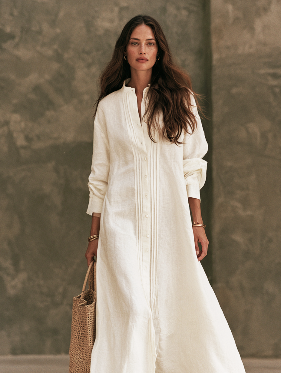 Women's Casual White Cotton-linen Long-sleeved Maxi Dress MDZ3019G6LXY
