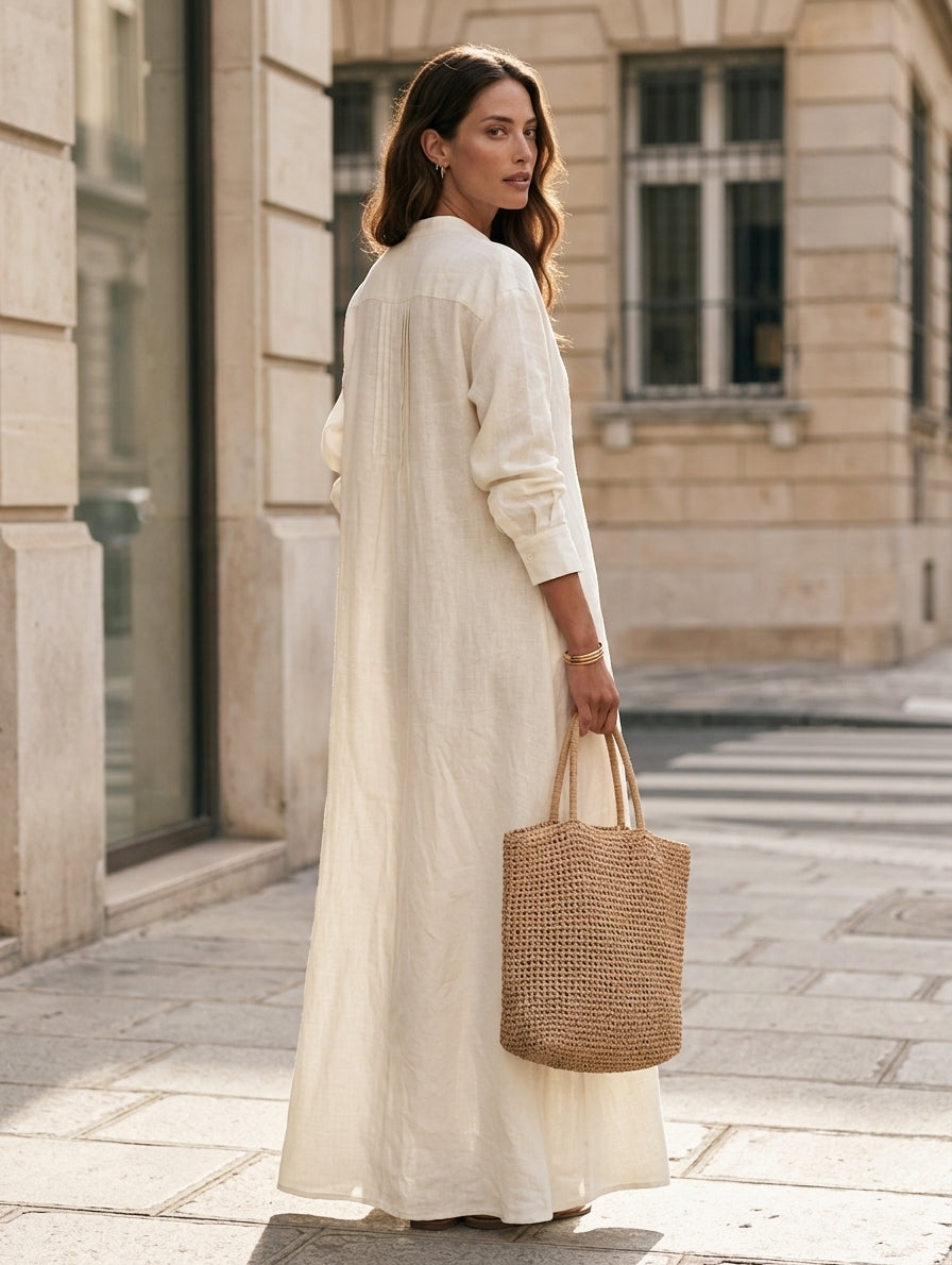 Women's Casual White Cotton-linen Long-sleeved Maxi Dress MDZ3019G6LXY