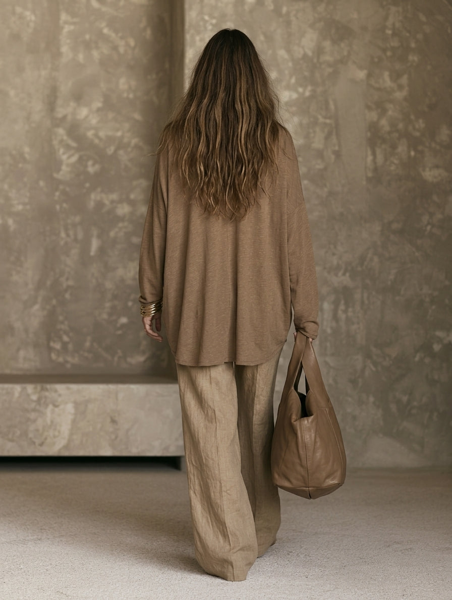 Women's Casual Brown Long-sleeved Knit Top Paired With Khaki Cotton-linen Trousers. MDZ3026G4LXY