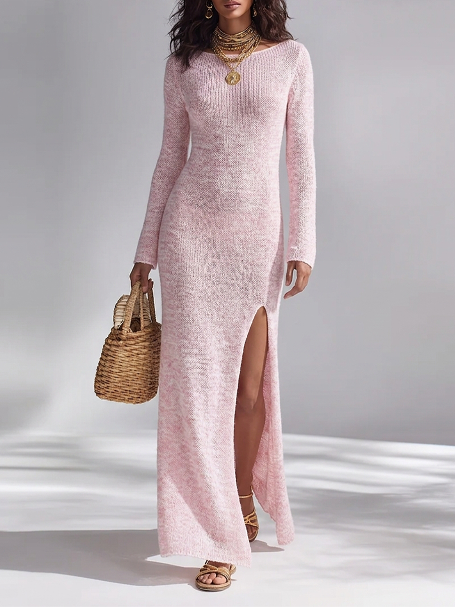 Women's Light Pink Knit Vacation Long Sleeve Side Slit Maxi Dress MDZ3058G8LYL