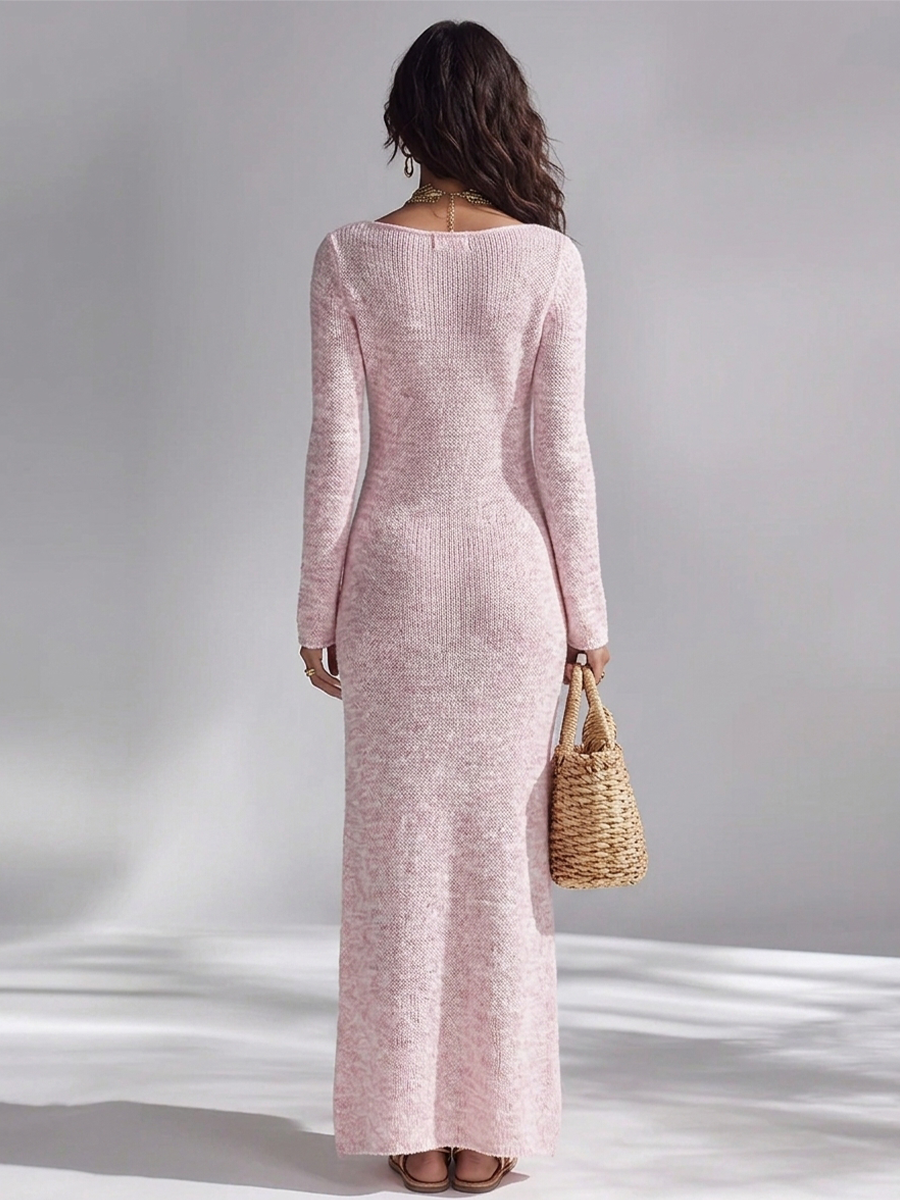 Women's Light Pink Knit Vacation Long Sleeve Side Slit Maxi Dress MDZ3058G8LYL
