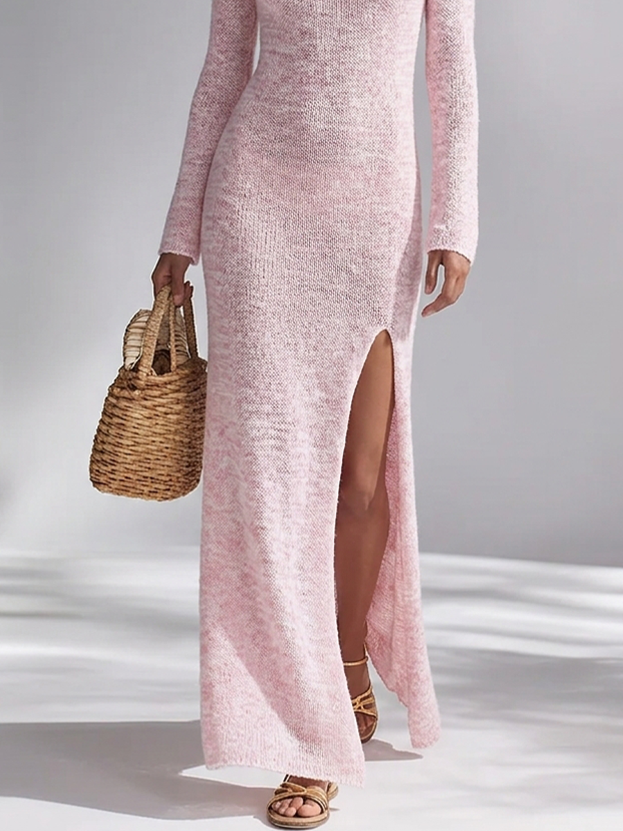 Women's Light Pink Knit Vacation Long Sleeve Side Slit Maxi Dress MDZ3058G8LYL