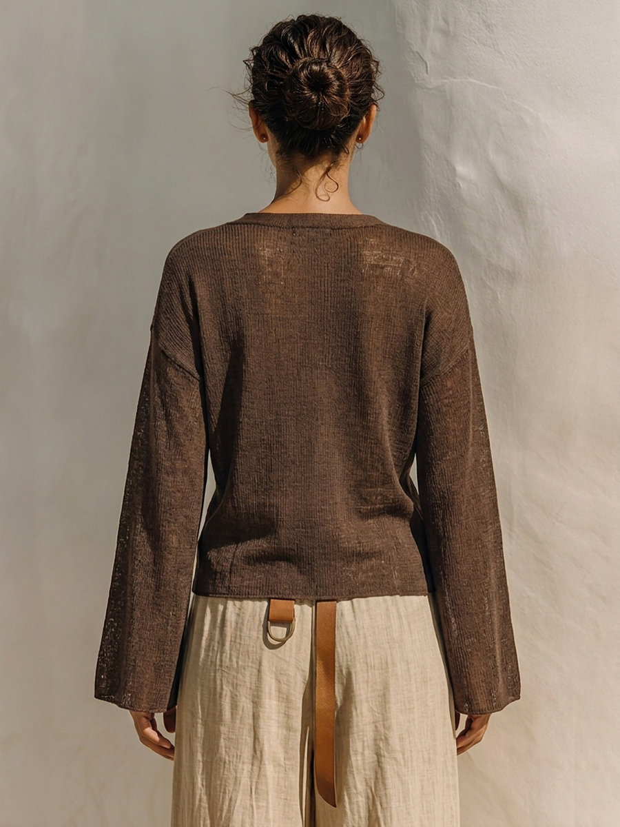 Women's Dark Brown Knit Minimalist Wrap V-Neck Flare Sleeve Cardigan MDZ3028G7LYL
