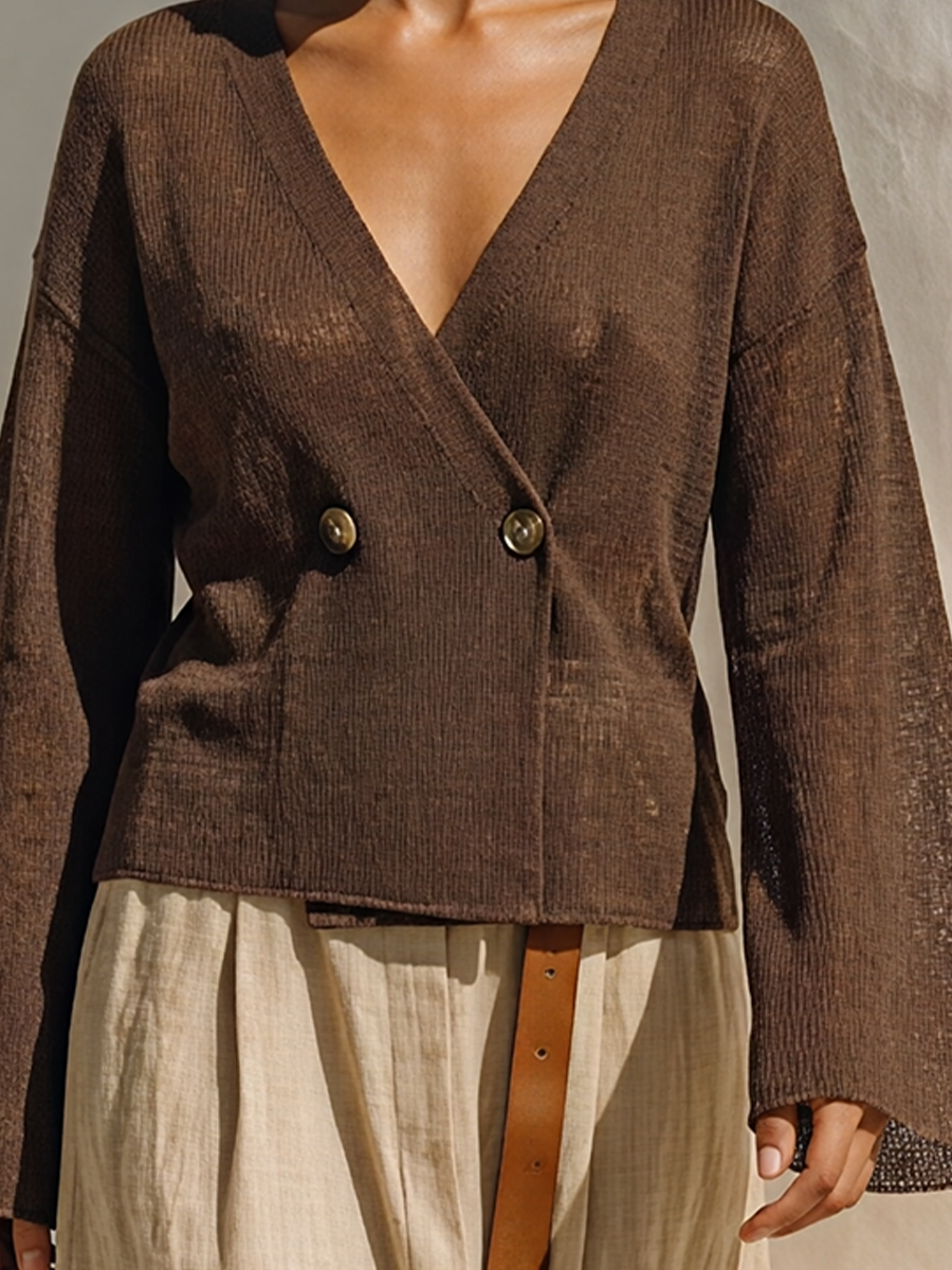 Women's Dark Brown Knit Minimalist Wrap V-Neck Flare Sleeve Cardigan MDZ3028G7LYL