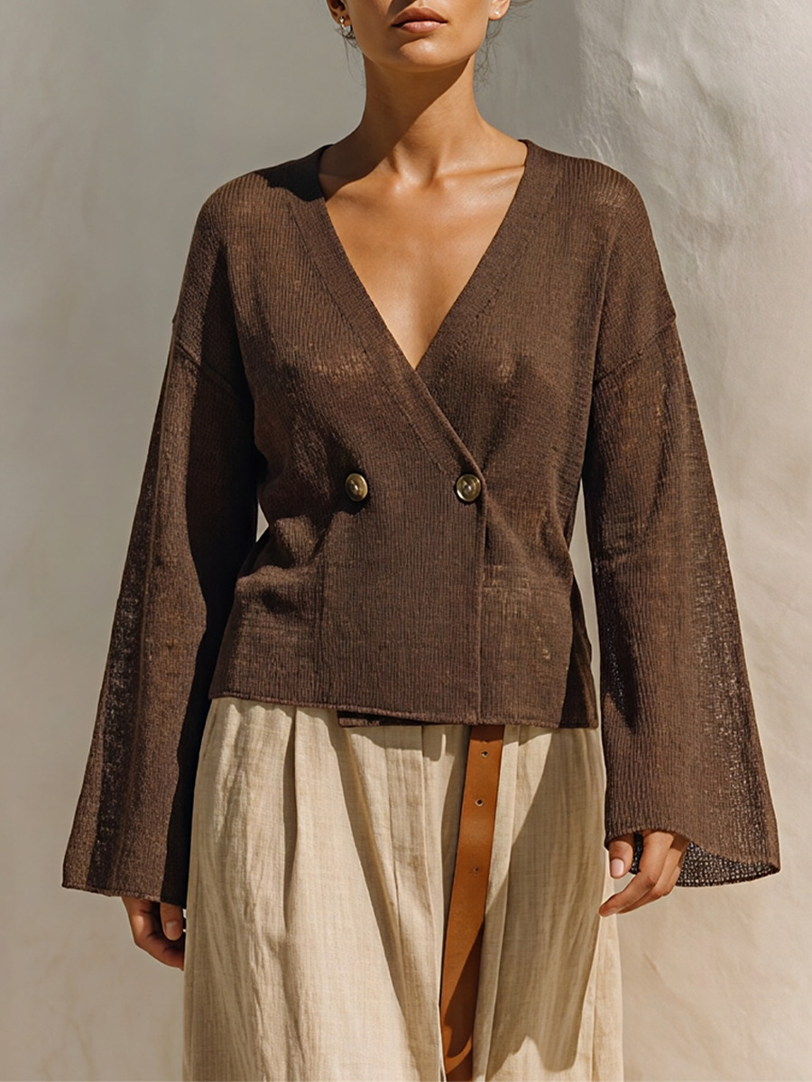 Women's Dark Brown Knit Minimalist Wrap V-Neck Flare Sleeve Cardigan MDZ3028G7LYL