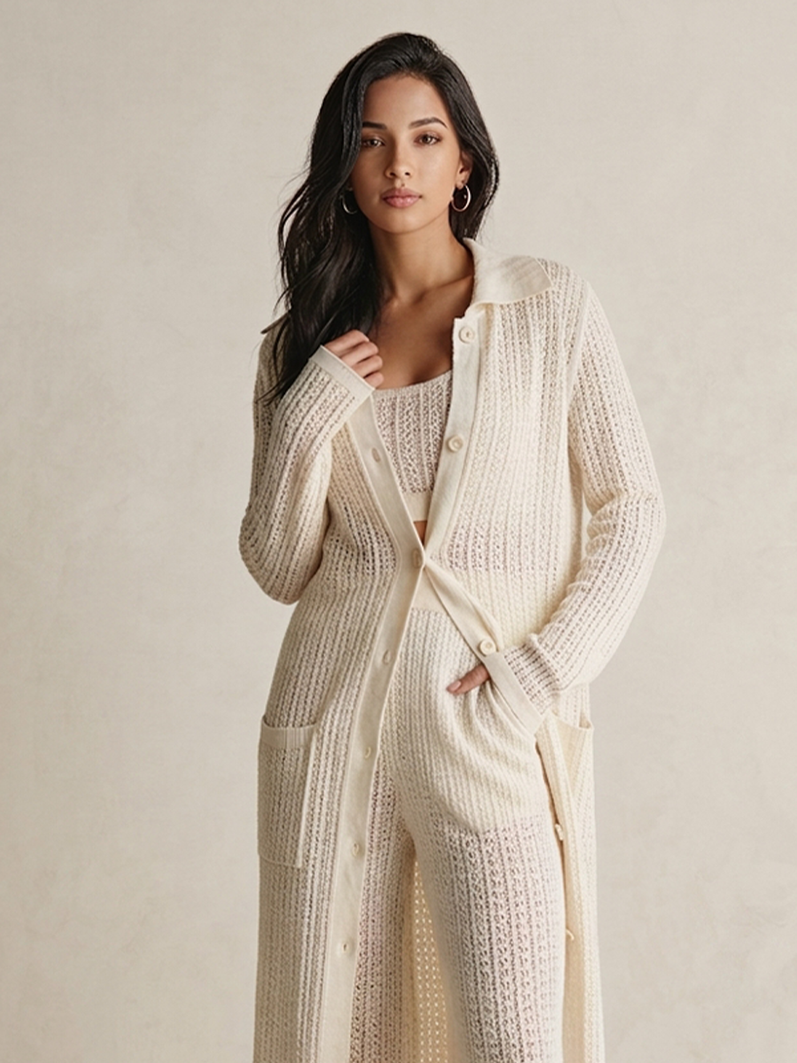 Women's Cream Knit Bohemian Open Front Button Hollow Out Long Cardigan MDZ3083G1LYL
