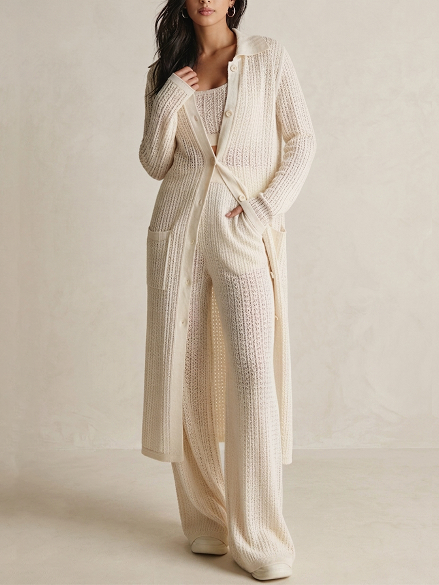 Women's Cream Knit Bohemian Open Front Button Hollow Out Long Cardigan MDZ3083G1LYL