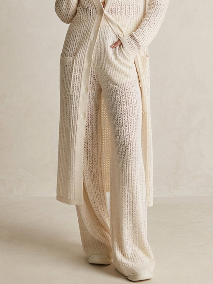 Women's Cream Knit Bohemian Open Front Button Hollow Out Long Cardigan MDZ3083G1LYL