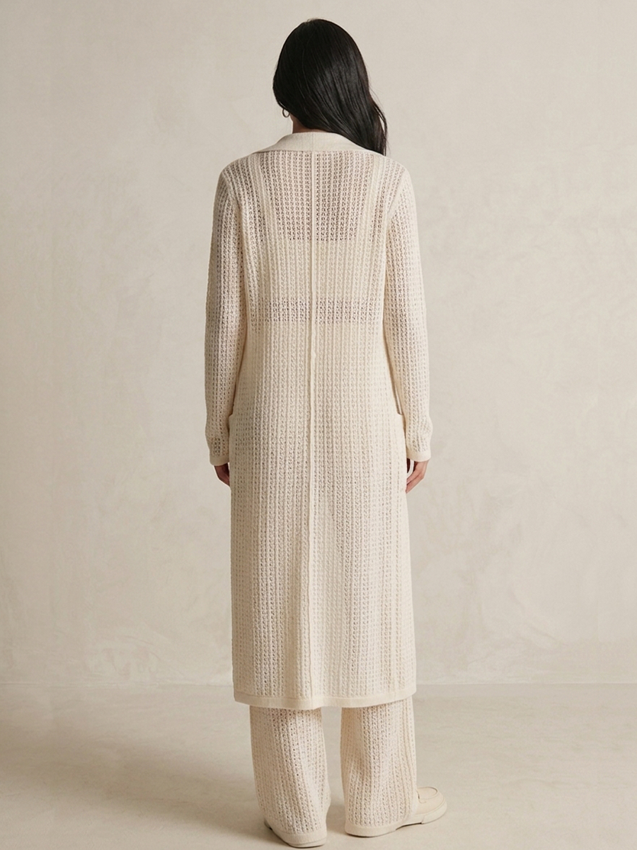 Women's Cream Knit Bohemian Open Front Button Hollow Out Long Cardigan MDZ3083G1LYL