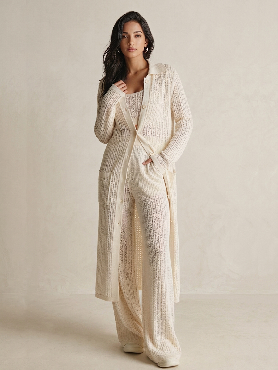 Women's Cream Knit Bohemian Open Front Button Hollow Out Long Cardigan MDZ3083G1LYL