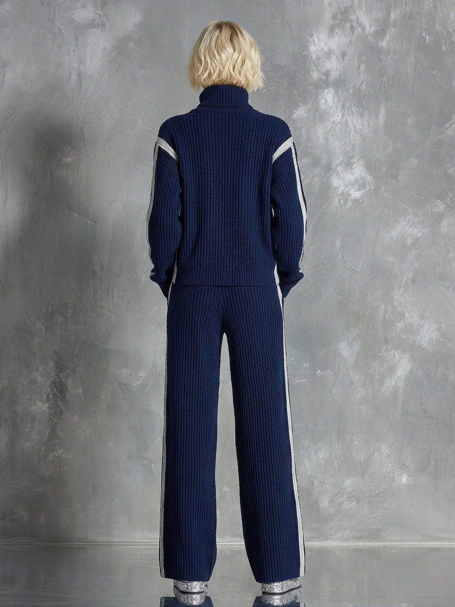Women's Navy Ribbed Knit Sporty Side Stripe Turtleneck Two Piece Set MDZ2905G7LYL