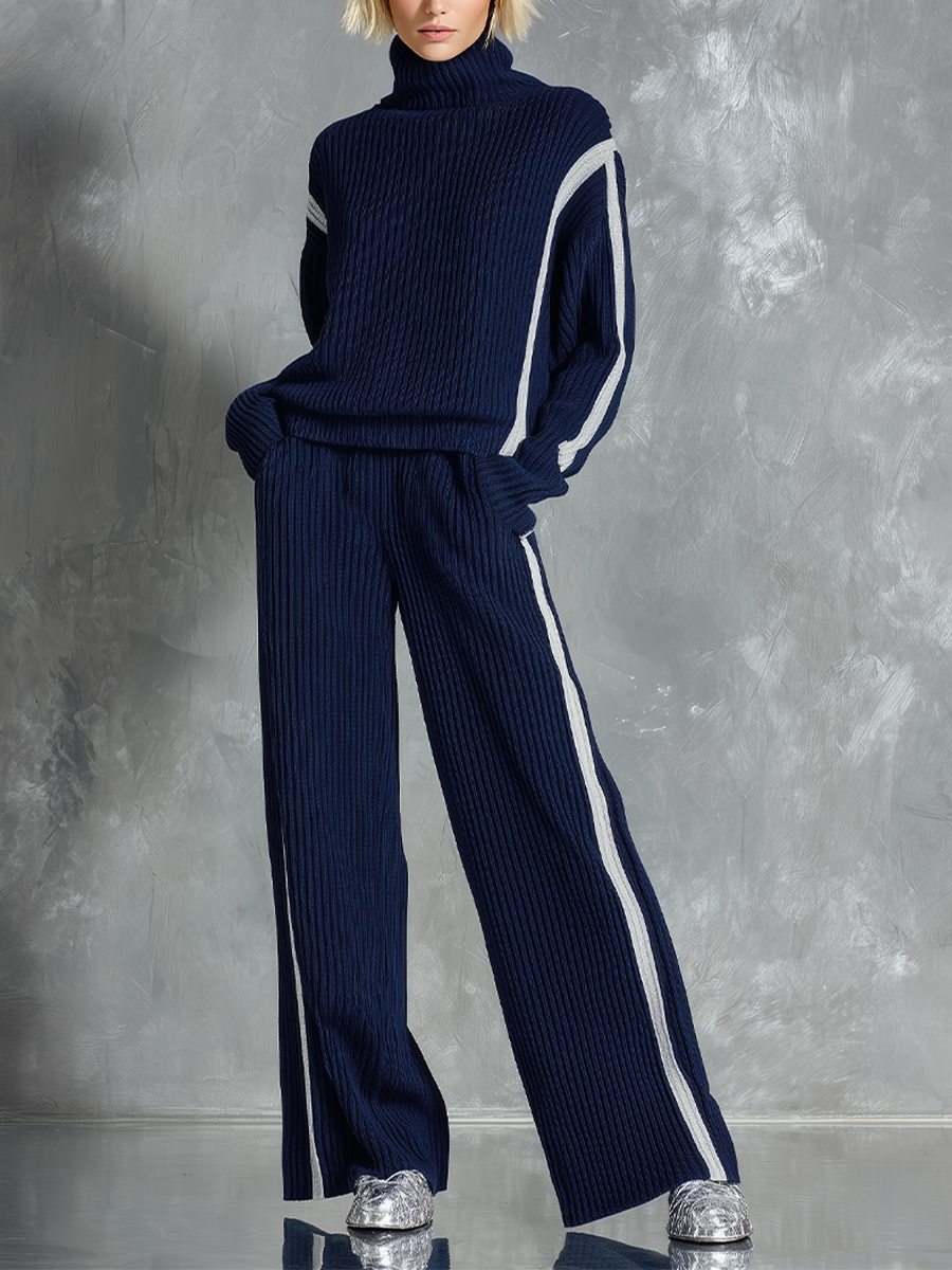 Women's Navy Ribbed Knit Sporty Side Stripe Turtleneck Two Piece Set MDZ2905G7LYL