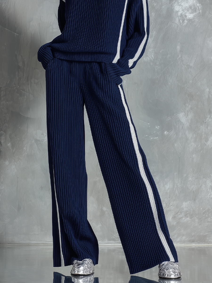 Women's Navy Ribbed Knit Sporty Side Stripe Turtleneck Two Piece Set MDZ2905G7LYL