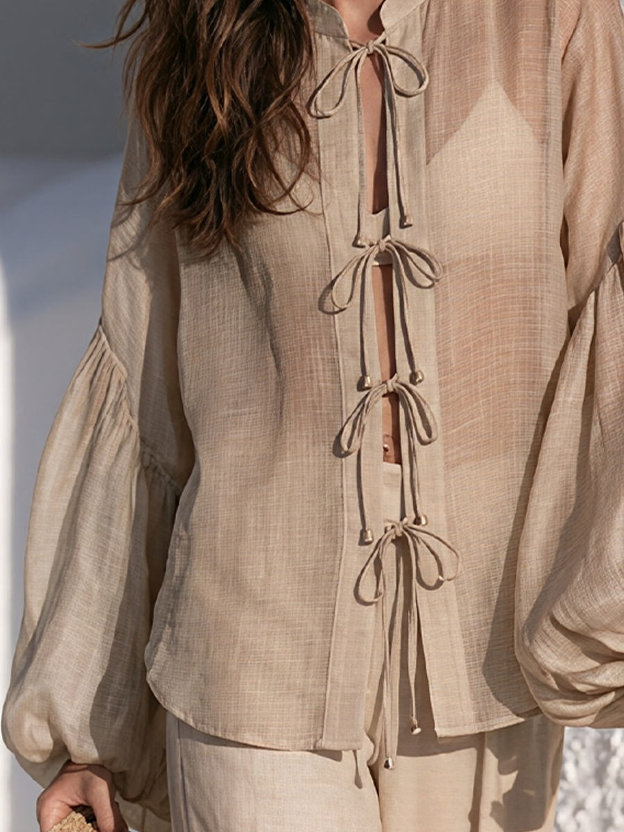 Women's Beige Linen Blend Vacation Tie Front Balloon Sleeve Blouse MDZ3010G5LYL