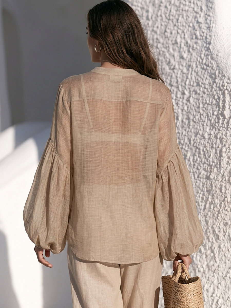 Women's Beige Linen Blend Vacation Tie Front Balloon Sleeve Blouse MDZ3010G5LYL