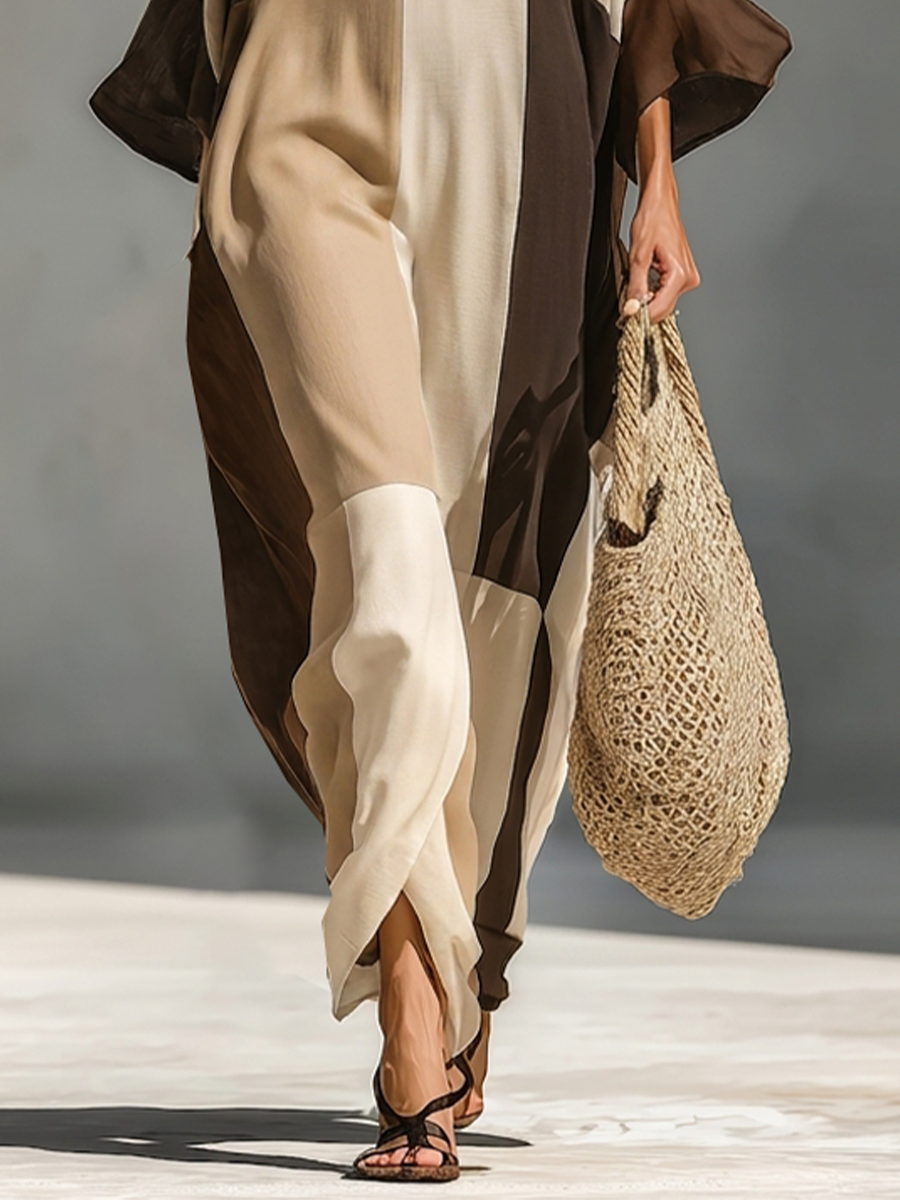 Women's Brown Beige Linen Blend Vacation Color Block Lace Trim Maxi Dress MDZ3052G0LYL