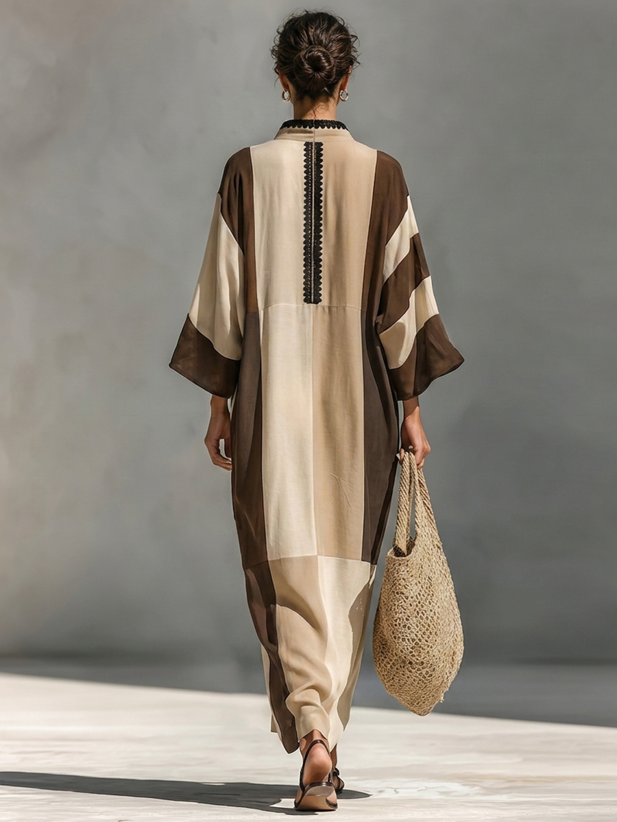 Women's Brown Beige Linen Blend Vacation Color Block Lace Trim Maxi Dress MDZ3052G0LYL