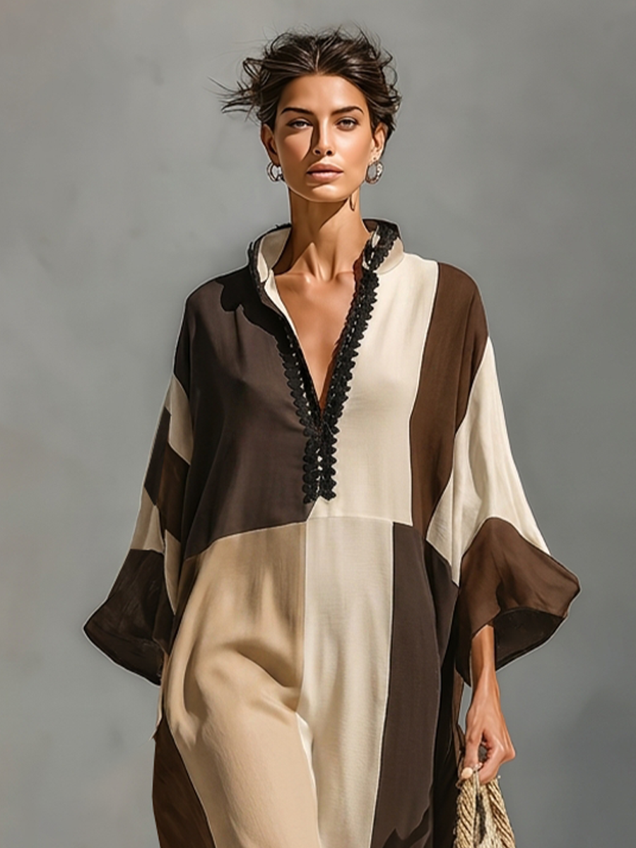 Women's Brown Beige Linen Blend Vacation Color Block Lace Trim Maxi Dress MDZ3052G0LYL