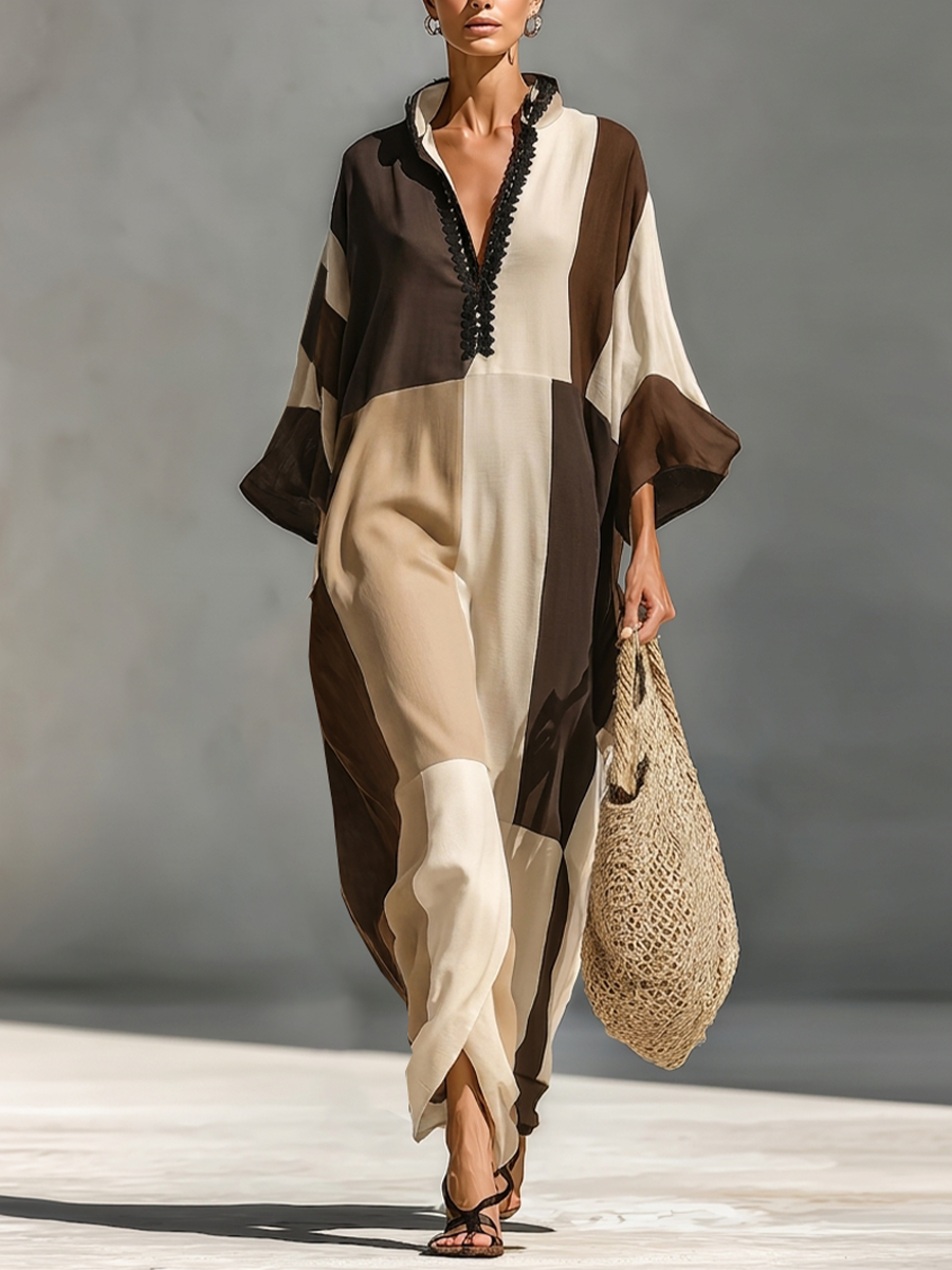 Women's Brown Beige Linen Blend Vacation Color Block Lace Trim Maxi Dress MDZ3052G0LYL