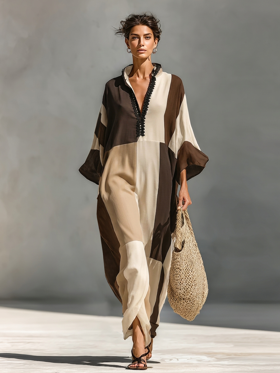 Women's Brown Beige Linen Blend Vacation Color Block Lace Trim Maxi Dress MDZ3052G0LYL