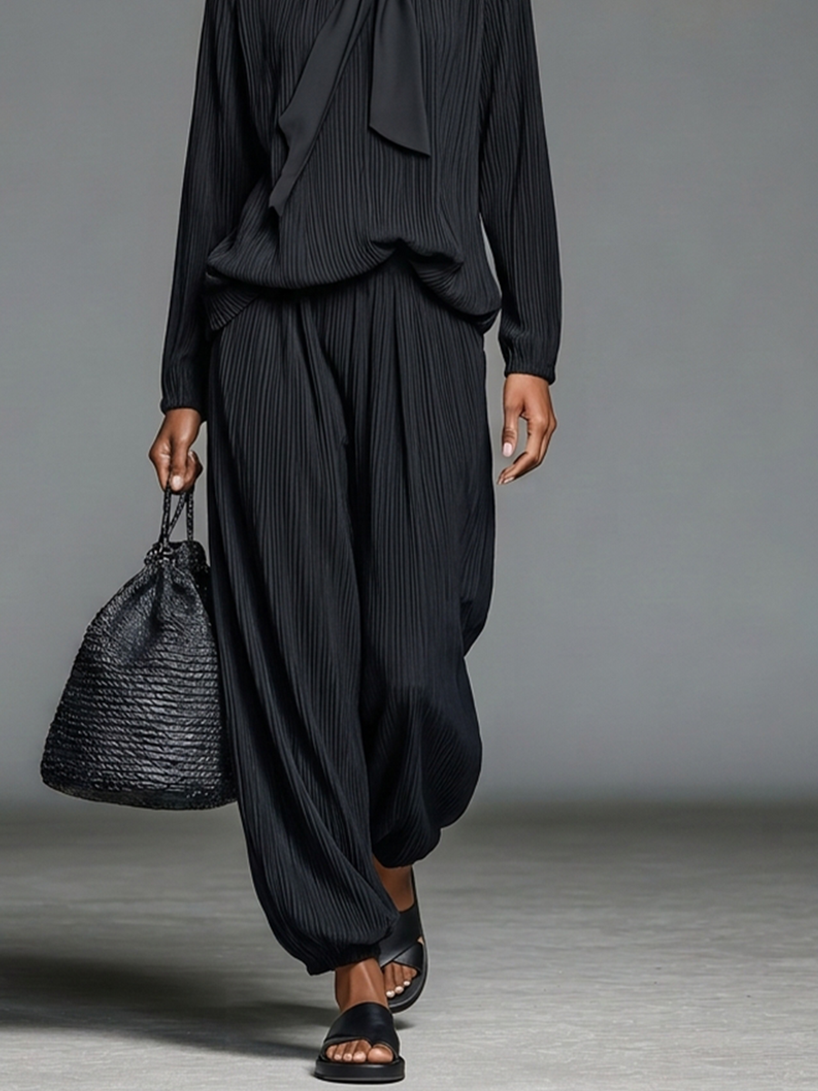 Women's Black Crinkle Fabric Minimalist Tie Neck Long Sleeve Top & Harem Pants Set MDZ3026G7LYL