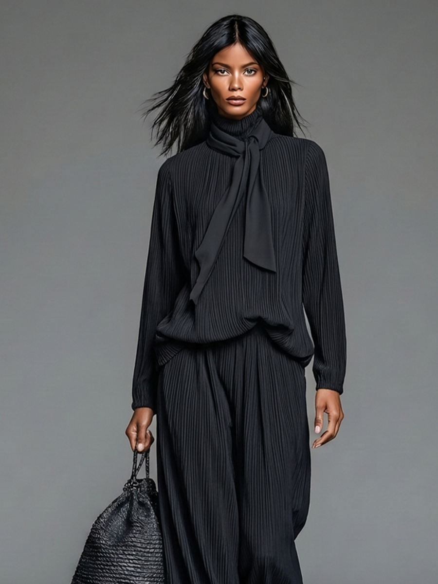 Women's Black Crinkle Fabric Minimalist Tie Neck Long Sleeve Top & Harem Pants Set MDZ3026G7LYL