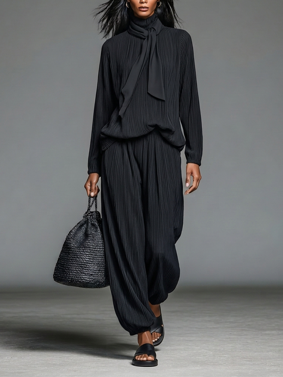Women's Black Crinkle Fabric Minimalist Tie Neck Long Sleeve Top & Harem Pants Set MDZ3026G7LYL