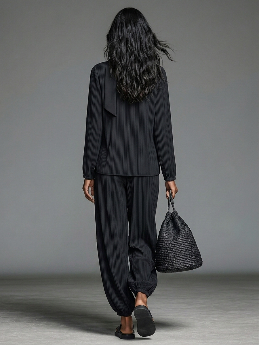 Women's Black Crinkle Fabric Minimalist Tie Neck Long Sleeve Top & Harem Pants Set MDZ3026G7LYL