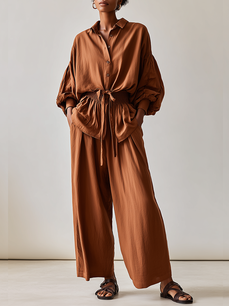 Women's Brown Linen Blend Vacation Balloon Sleeve Shirt & Drawstring Wide Leg Pants Set MDZ3076G3LYL