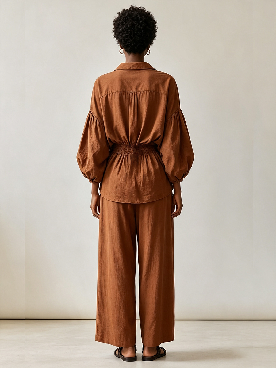Women's Brown Linen Blend Vacation Balloon Sleeve Shirt & Drawstring Wide Leg Pants Set MDZ3076G3LYL