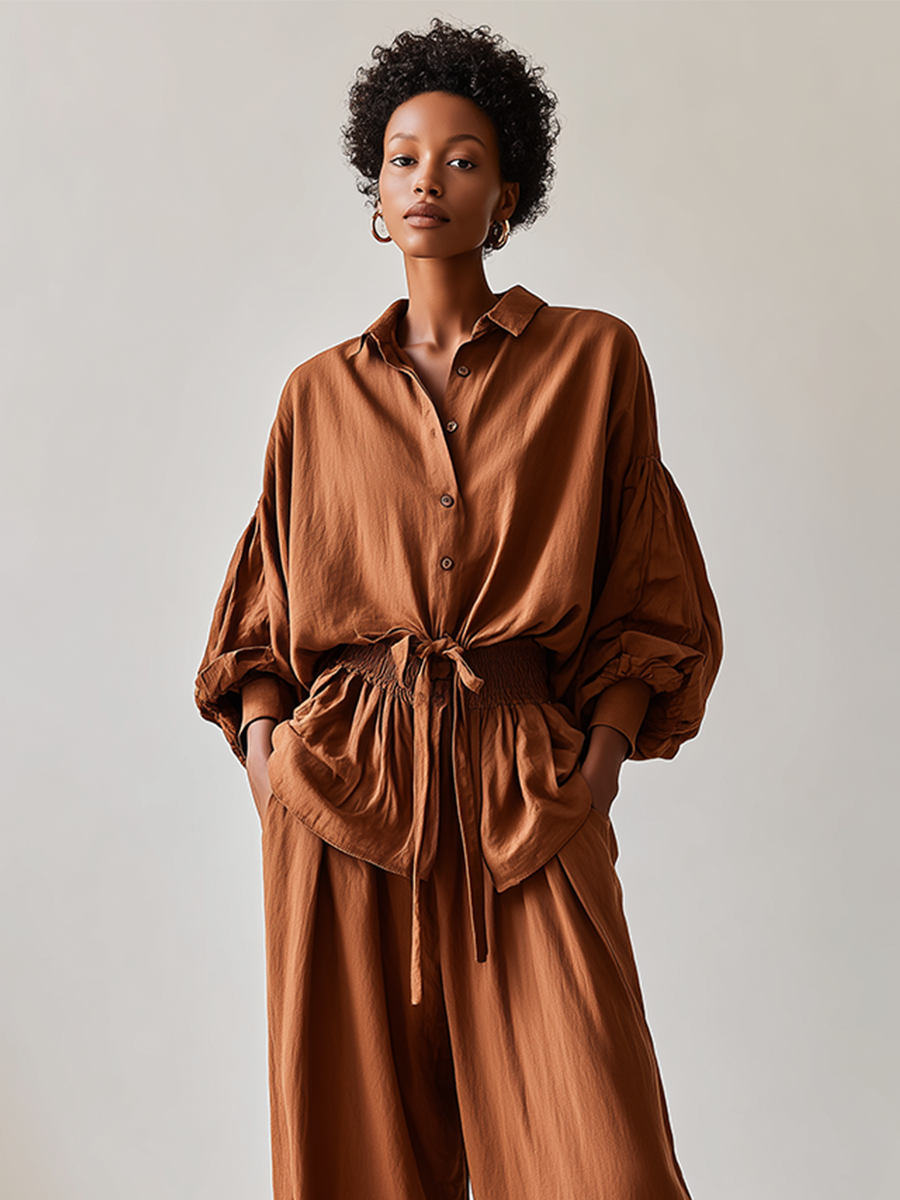 Women's Brown Linen Blend Vacation Balloon Sleeve Shirt & Drawstring Wide Leg Pants Set MDZ3076G3LYL