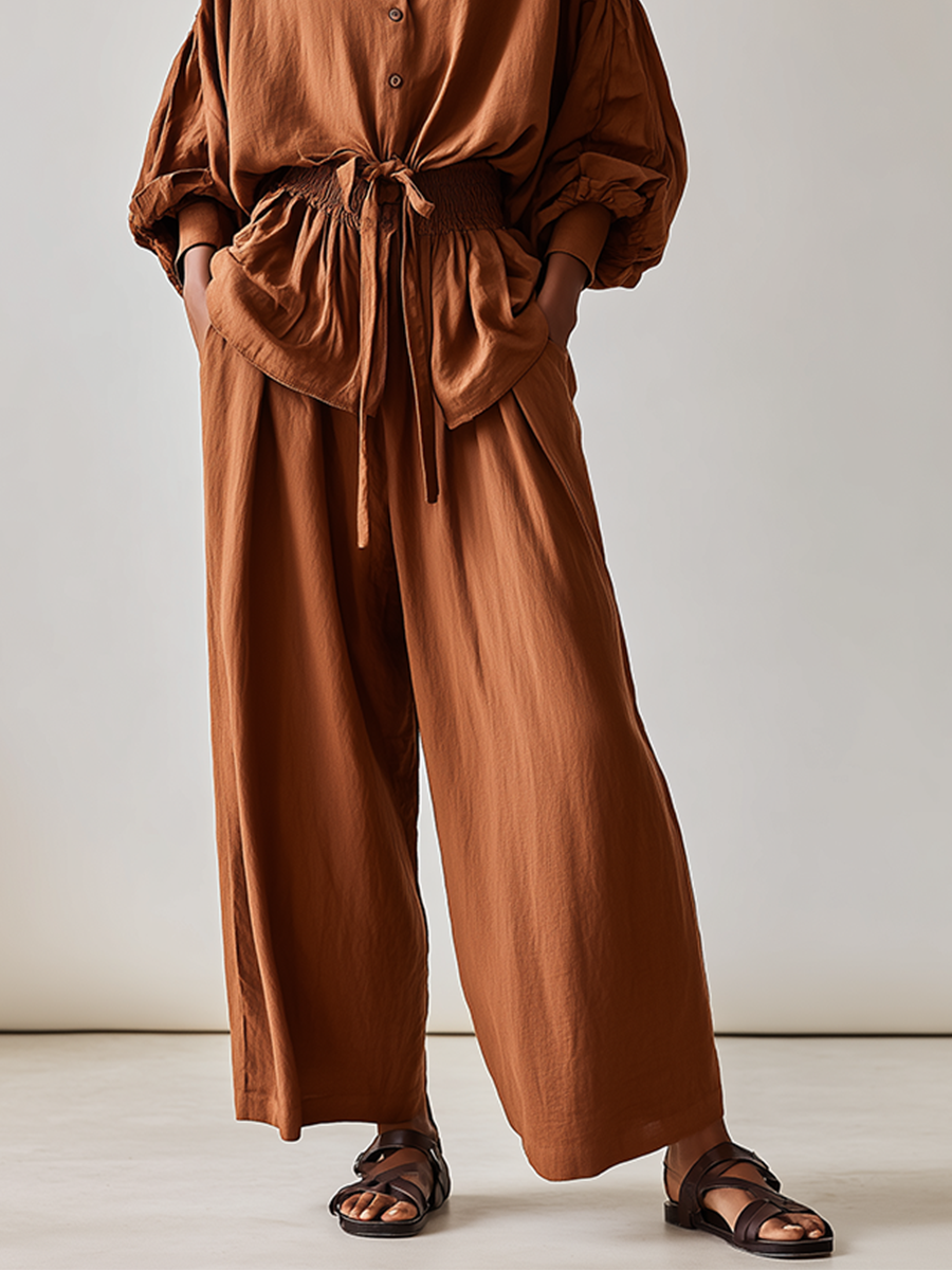 Women's Brown Linen Blend Vacation Balloon Sleeve Shirt & Drawstring Wide Leg Pants Set MDZ3076G3LYL